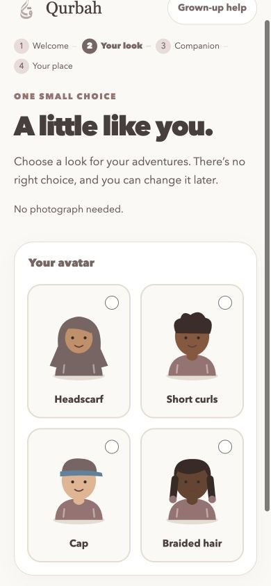 Qurbah App avatar selection on a phone