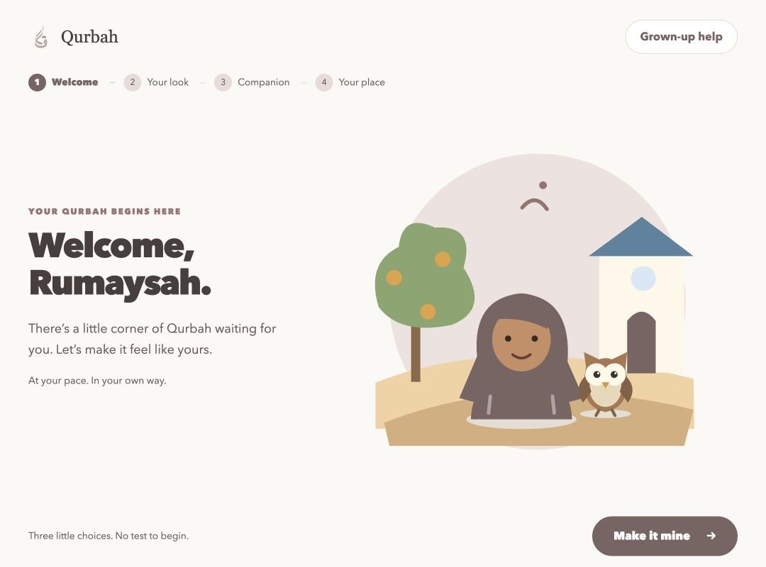 Qurbah App welcome screen with a child avatar and learning companion