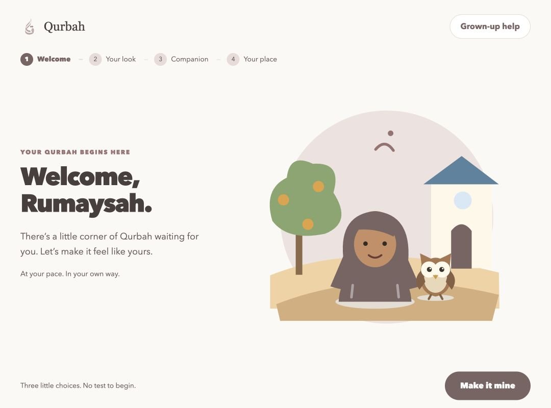 Qurbah App welcome screen with a child avatar and learning companion