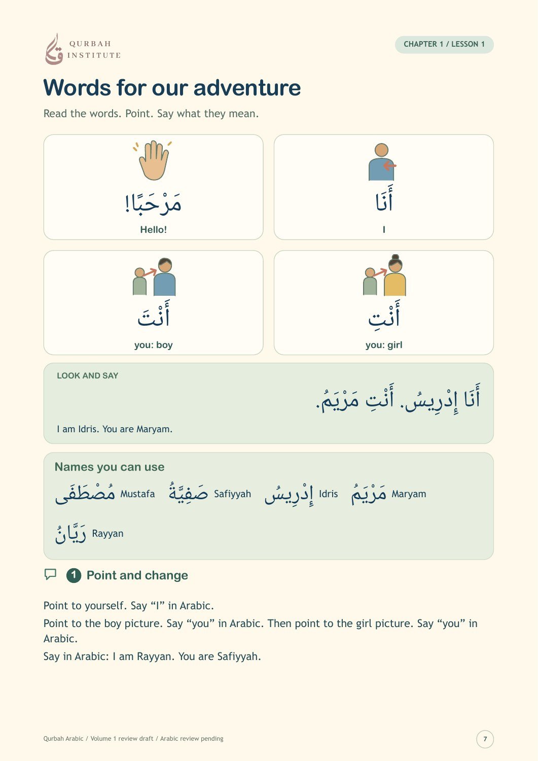 Draft workbook page with Arabic words, English meanings and illustrated characters