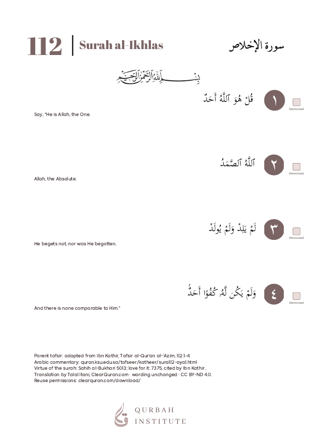 Surah al-Ikhlas, page 2: Arabic, English meanings and memorisation boxes