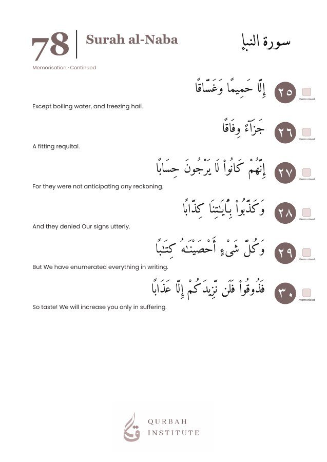 Surah al-Naba, page 7: Arabic, English meanings and memorisation boxes