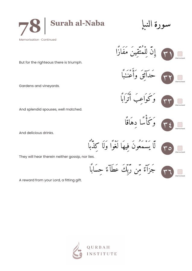 Surah al-Naba, page 8: Arabic, English meanings and memorisation boxes