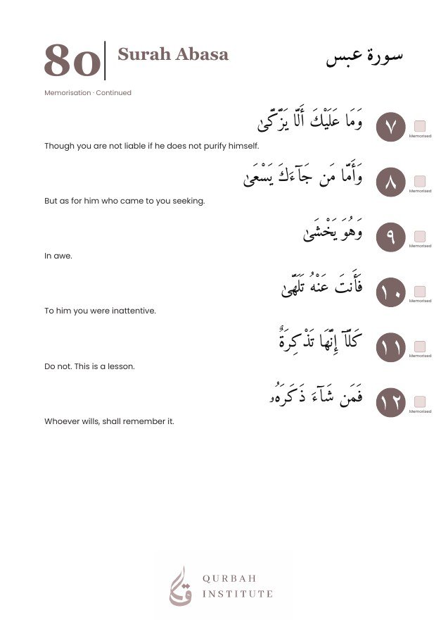 Surah Abasa, page 4: Arabic, English meanings and memorisation boxes