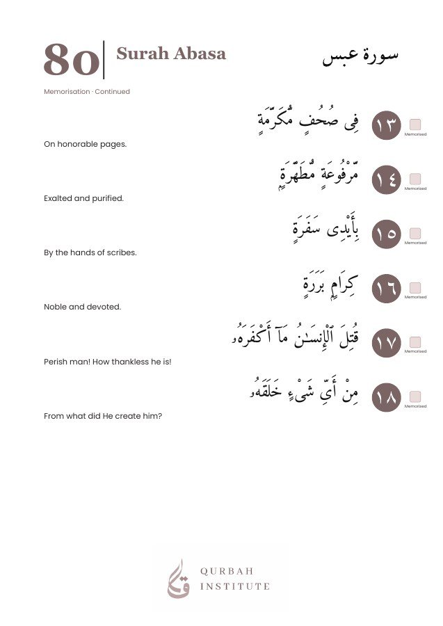Surah Abasa, page 5: Arabic, English meanings and memorisation boxes