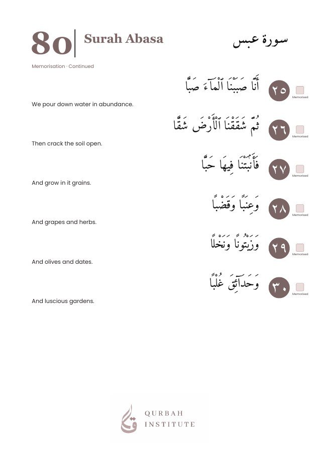 Surah Abasa, page 7: Arabic, English meanings and memorisation boxes