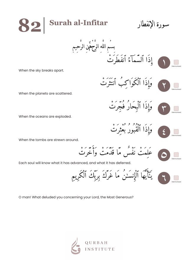 Surah al-Infitar, page 3: Arabic, English meanings and memorisation boxes