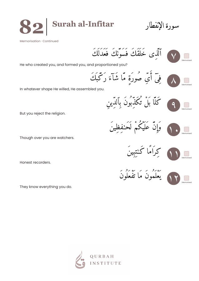 Surah al-Infitar, page 4: Arabic, English meanings and memorisation boxes