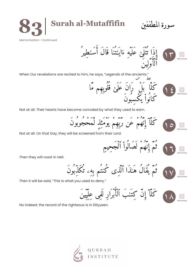 Surah al-Mutaffifin, page 5: Arabic, English meanings and memorisation boxes