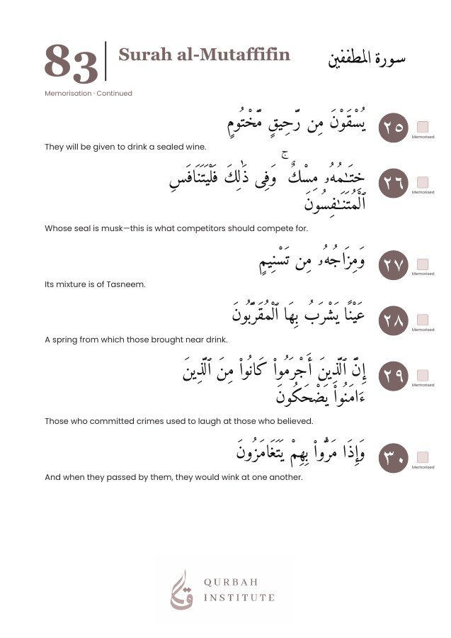 Surah al-Mutaffifin, page 7: Arabic, English meanings and memorisation boxes