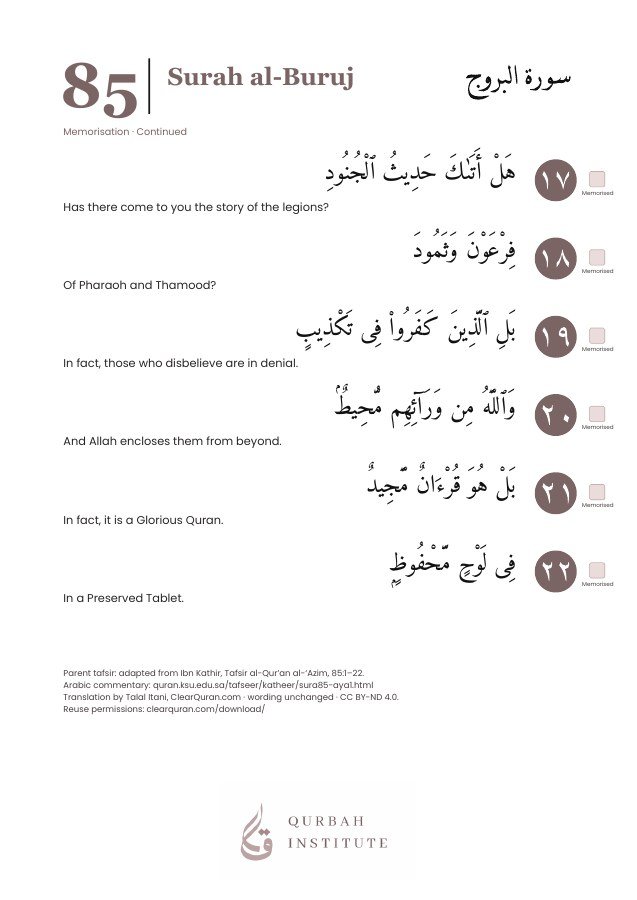 Surah al-Buruj, page 6: Arabic, English meanings and memorisation boxes