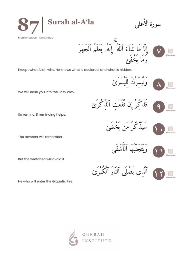 Surah al-A‘la, page 4: Arabic, English meanings and memorisation boxes