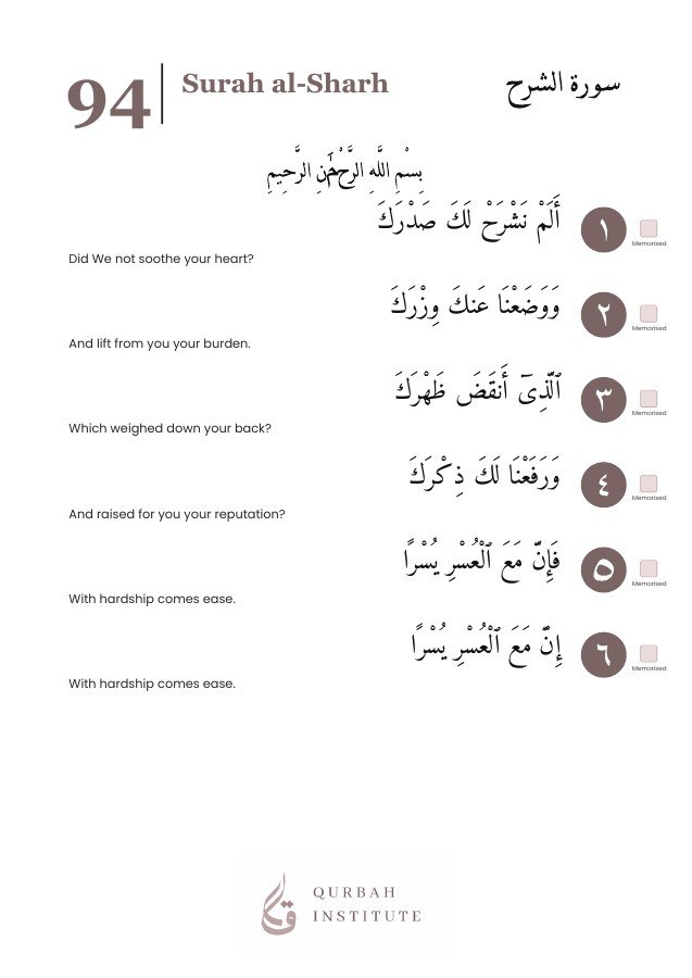 Surah al-Sharh, page 3: Arabic, English meanings and memorisation boxes