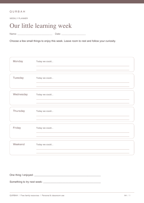 Our little learning week printable preview